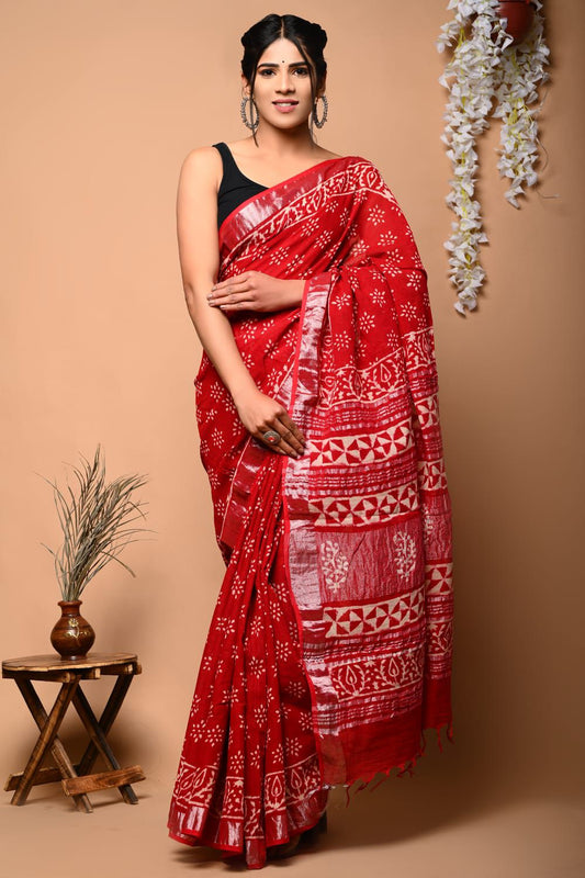 Hand Block Printed Linen Saree With Unstitched Blouse (SWSRLIL64