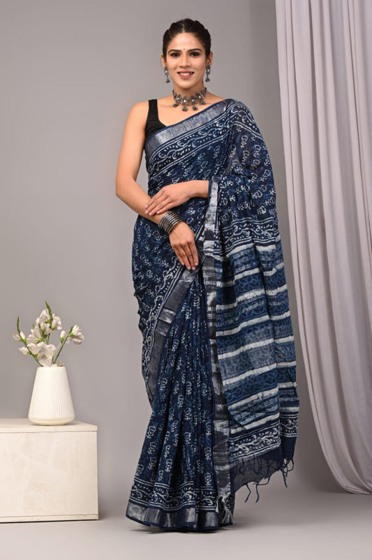 Hand Block Printed Linen Saree With Unstitched Blouse (SWSRLIL65)