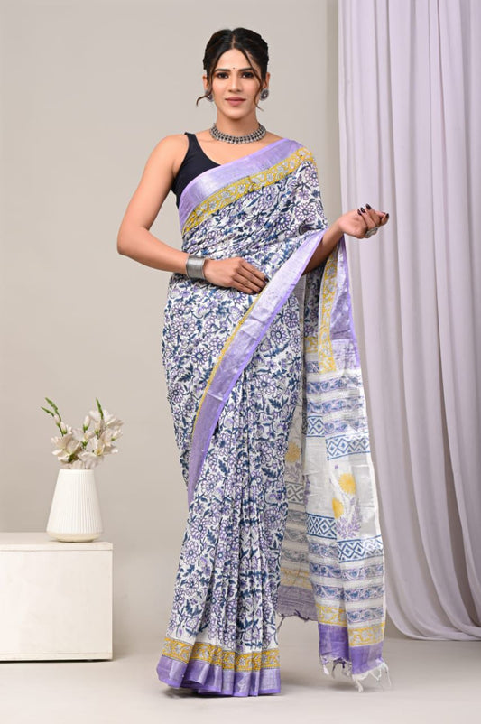 Hand Block Printed Linen Saree With Unstitched Blouse (SWSRLIL72)