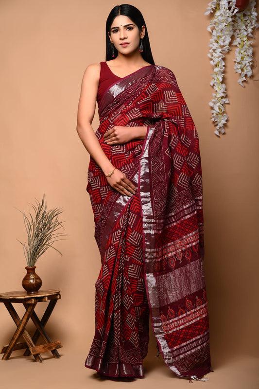 Hand Block Printed Linen Saree With Unstitched Blouse (SWSRLIL71)