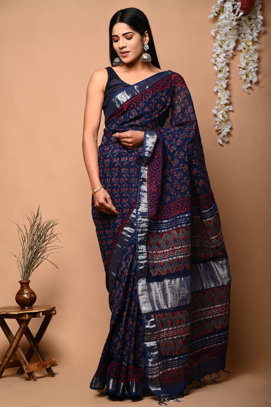 Hand Block Printed Linen Saree With Unstitched Blouse (SWSRLIL73)