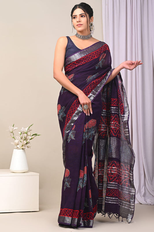 Hand Block Printed Linen Saree With Unstitched Blouse (SWSRLIL76)