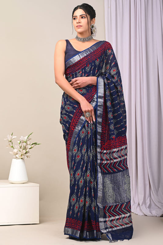 Hand Block Printed Linen Saree With Unstitched Blouse (SWSRLIL74)