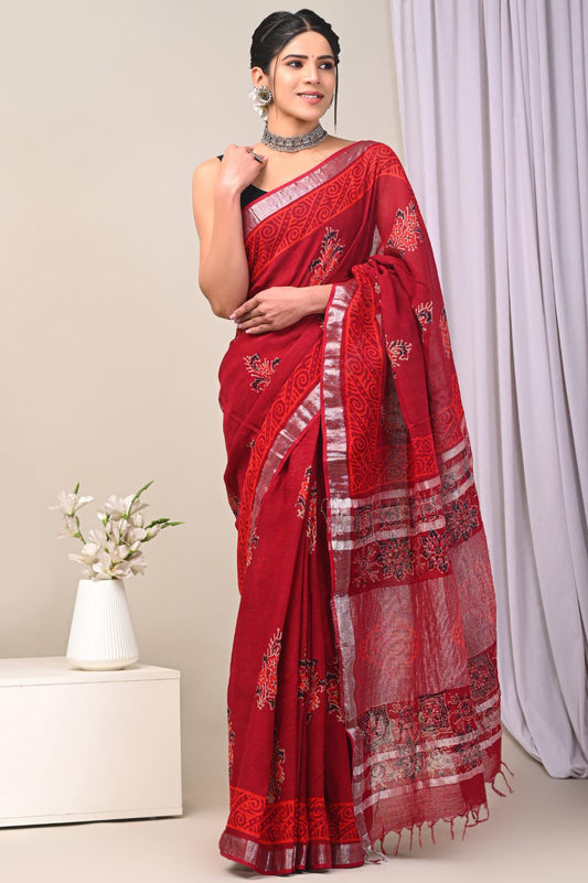 Hand Block Printed Linen Saree With Unstitched Blouse (SWSRLIL75)