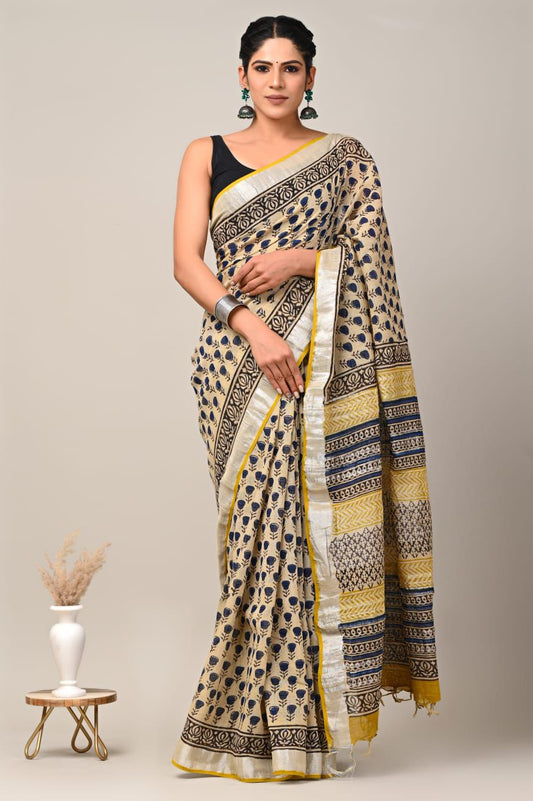 Hand Block Printed Linen Saree With Unstitched Blouse (SWSRLIL78)