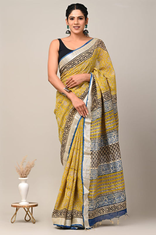 Hand Block Printed Linen Saree With Unstitched Blouse (SWSRLIL77)