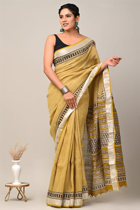 Hand Block Printed Linen Saree With Unstitched Blouse (SWSRLIL80)