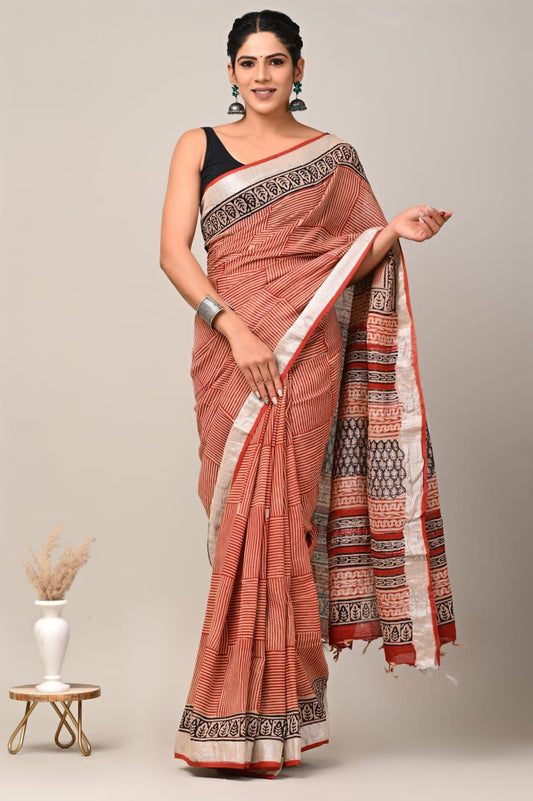 Hand Block Printed Linen Saree With Unstitched Blouse (SWSRLIL81
