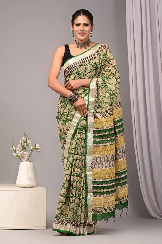 Hand Block Printed Linen Saree With Unstitched Blouse (SWSRLIL82