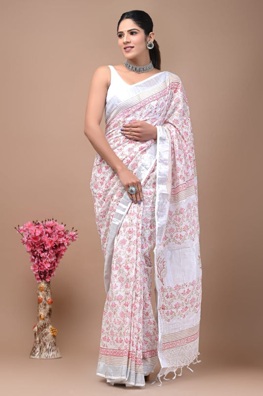 Hand Block Printed Linen Saree With Unstitched Blouse (SWSRLIL84)