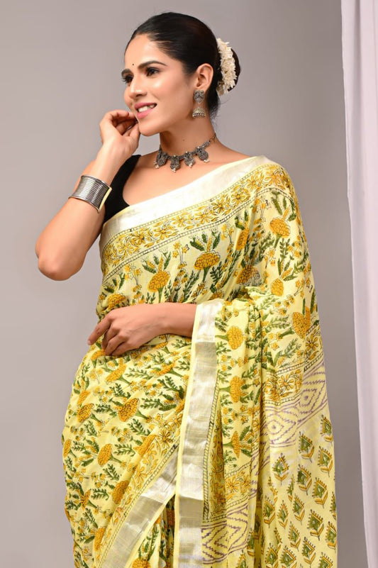 Hand Block Printed Linen Saree With Unstitched Blouse (SWSRLIL86)