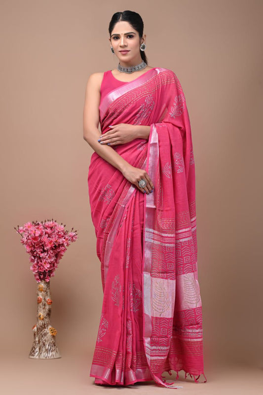 Hand Block Printed Linen Saree With Unstitched Blouse (SWSRLIL83)