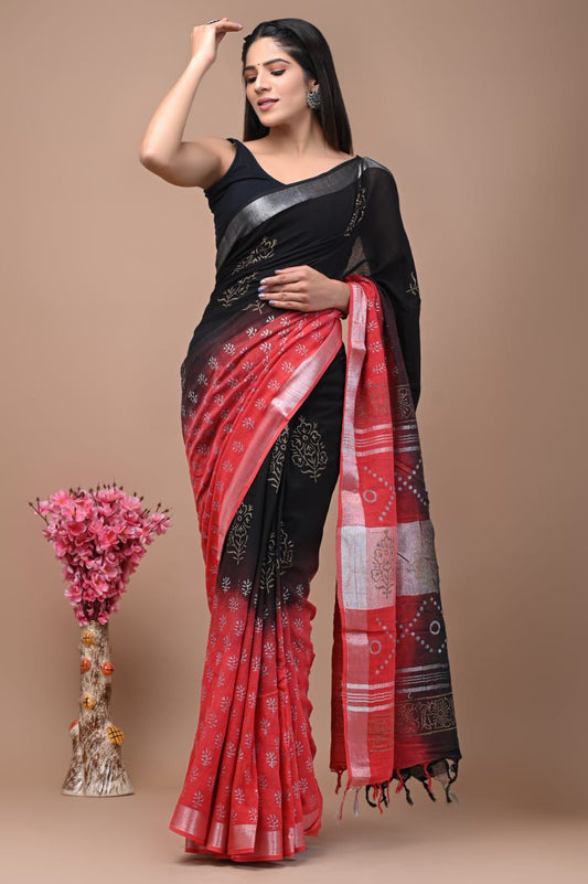 Hand Block Printed Linen Saree With Unstitched Blouse (SWSRLIL88)