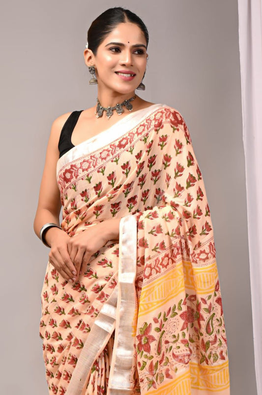Hand Block Printed Linen Saree With Unstitched Blouse (SWSRLIL87