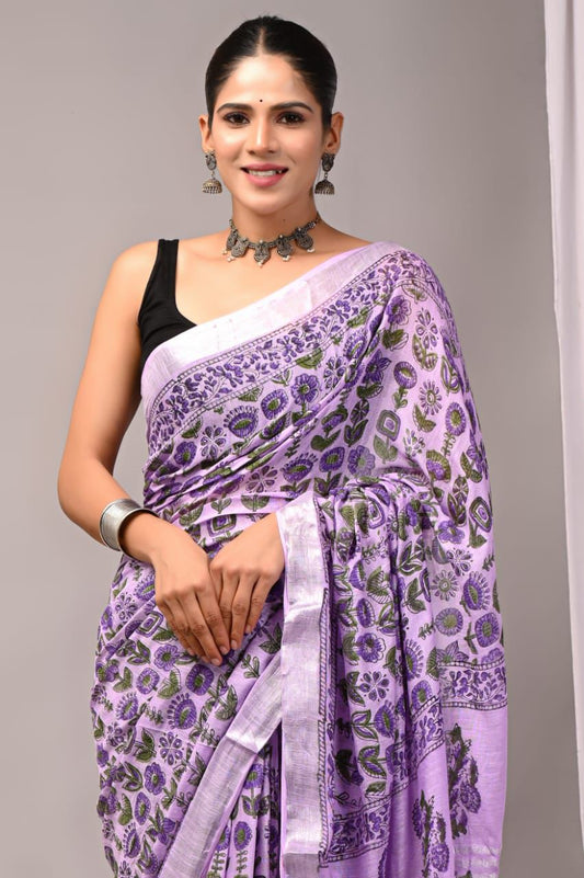 Hand Block Printed Linen Saree With Unstitched Blouse (SWSRLIL89)