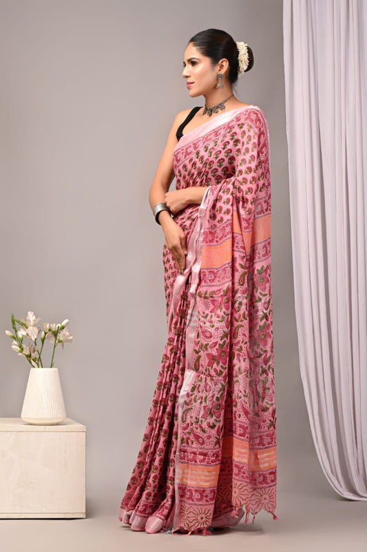 Hand Block Printed Linen Saree With Unstitched Blouse (SWSRLIL91