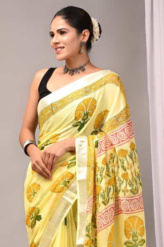 Hand Block Printed Linen Saree With Unstitched Blouse (SWSRLIL22)