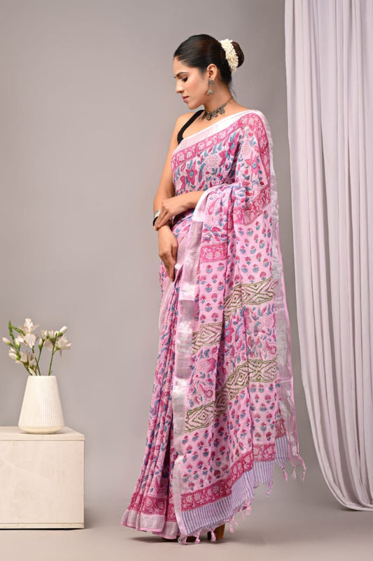 Hand Block Printed Linen Saree With Unstitched Blouse (SWSRLIL21)