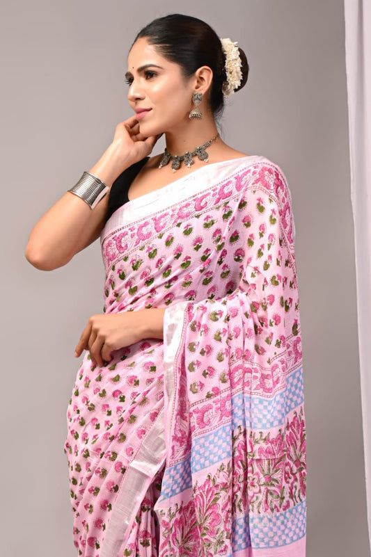 Hand Block Printed Linen Saree With Unstitched Blouse (SWSRLIL24)