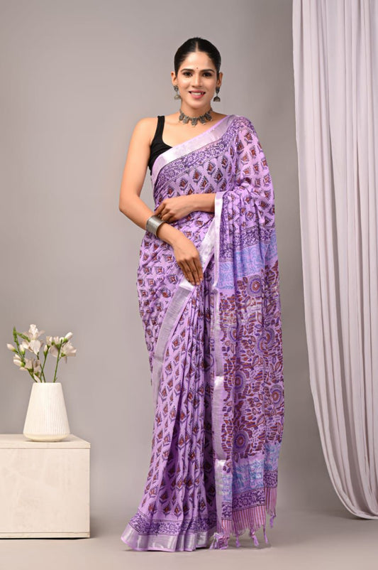 Hand Block Printed Linen Saree With Unstitched Blouse (SWSRLIL25)