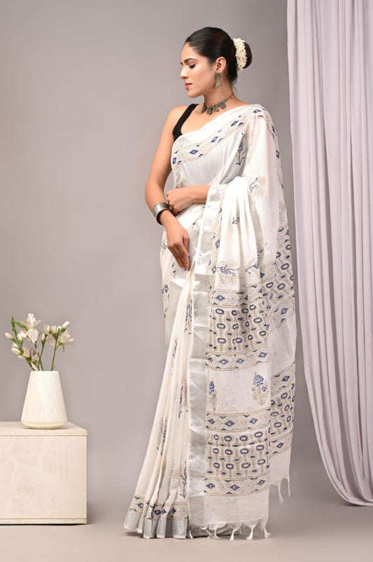 Hand Block Printed Linen Saree With Unstitched Blouse (SWSRLIL26)