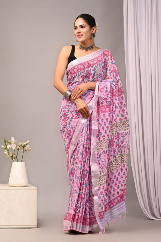 Hand Block Printed Linen Saree With Unstitched Blouse (SWSRLIL27)