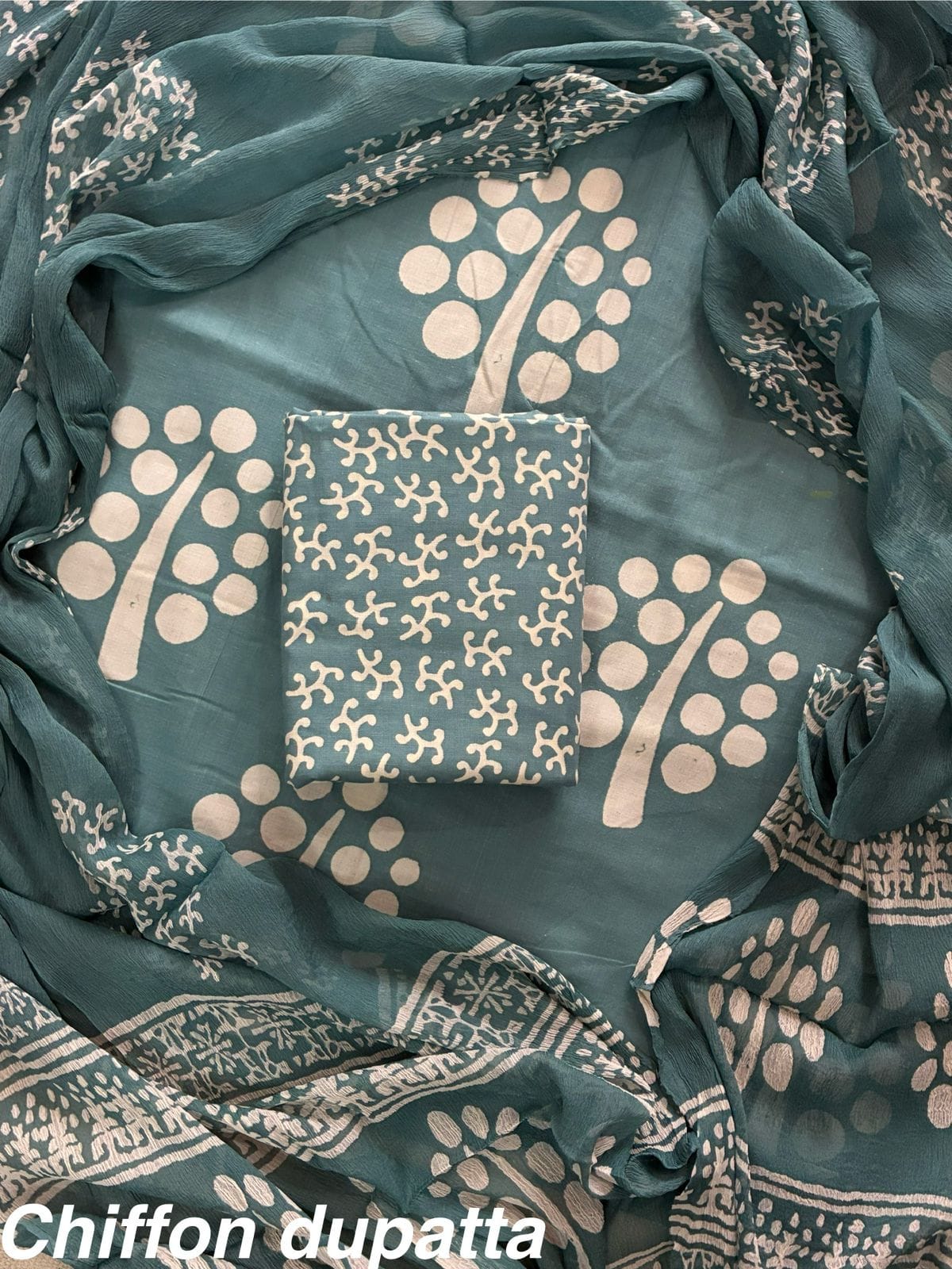 New Premium Hand Block Print Cotton Suit Set with Chiffon Dupatta(WACFCOTMU51)