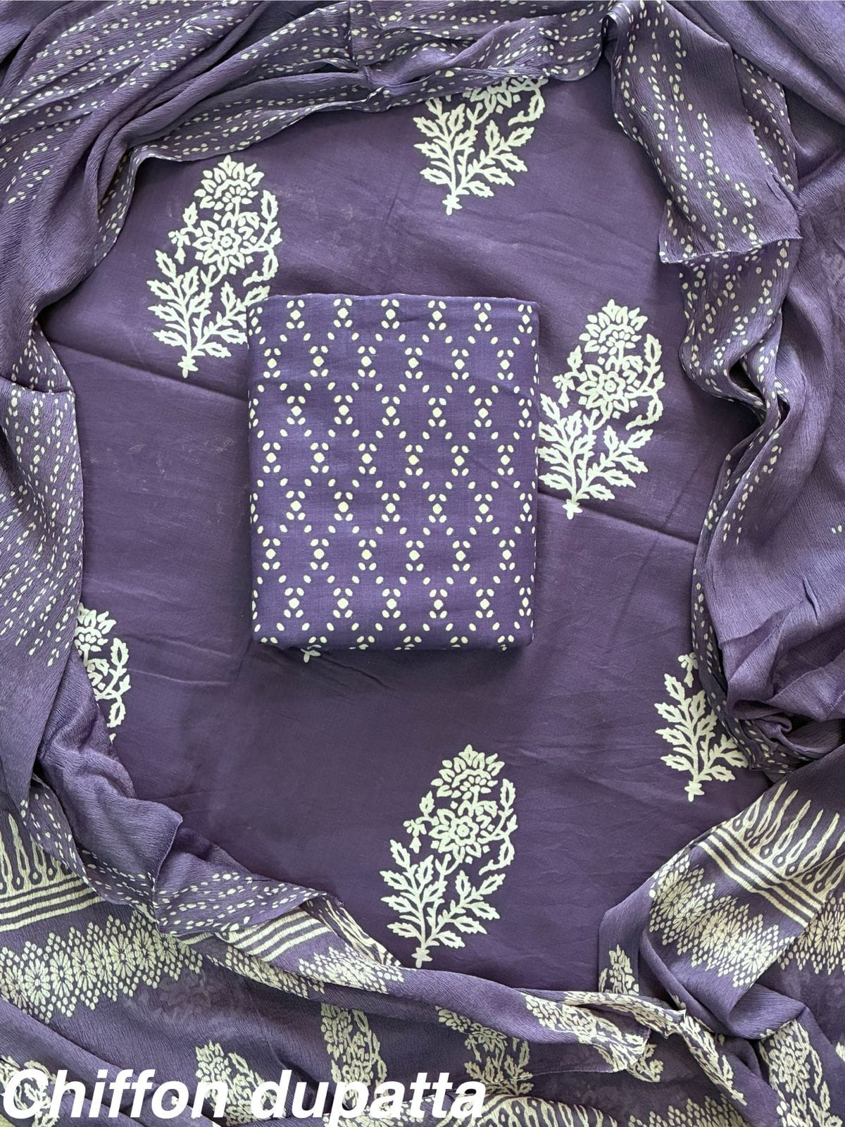 ELEGANT HAND BLOCK PRINT COTTON SUIT SET WITH CHIFFON DUPATTA(WACFCOTMU47)