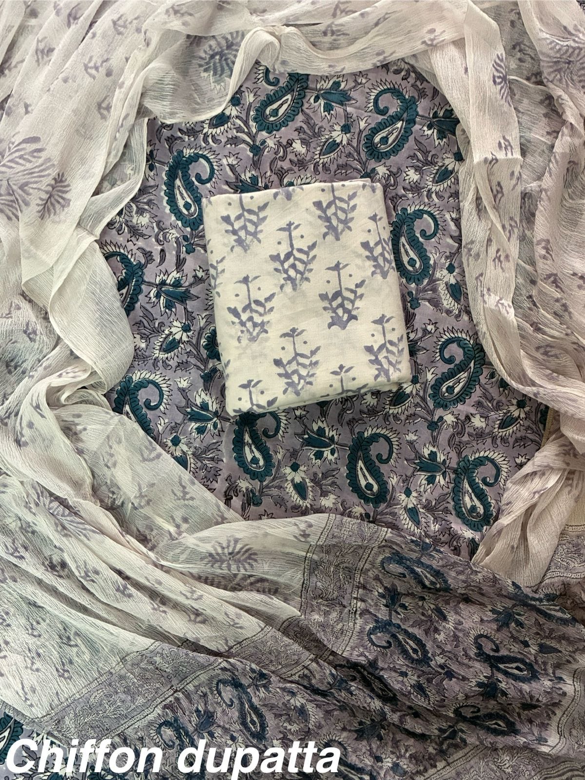 JAAL HAND BLOCK PRINT COTTON SUIT SET WITH CHIFFON DUPATTA(WACFCOTMU42)