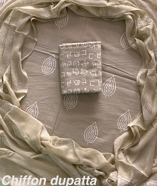 Hand Block Print Cotton Suit Set with Chiffon Dupatta(WACFCOTMU30)