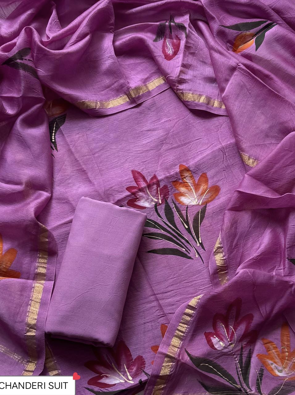 EXCLUSIVE ELEGANT HAND BLOCK PRINT CHANDERI SILK SUIT SET 44