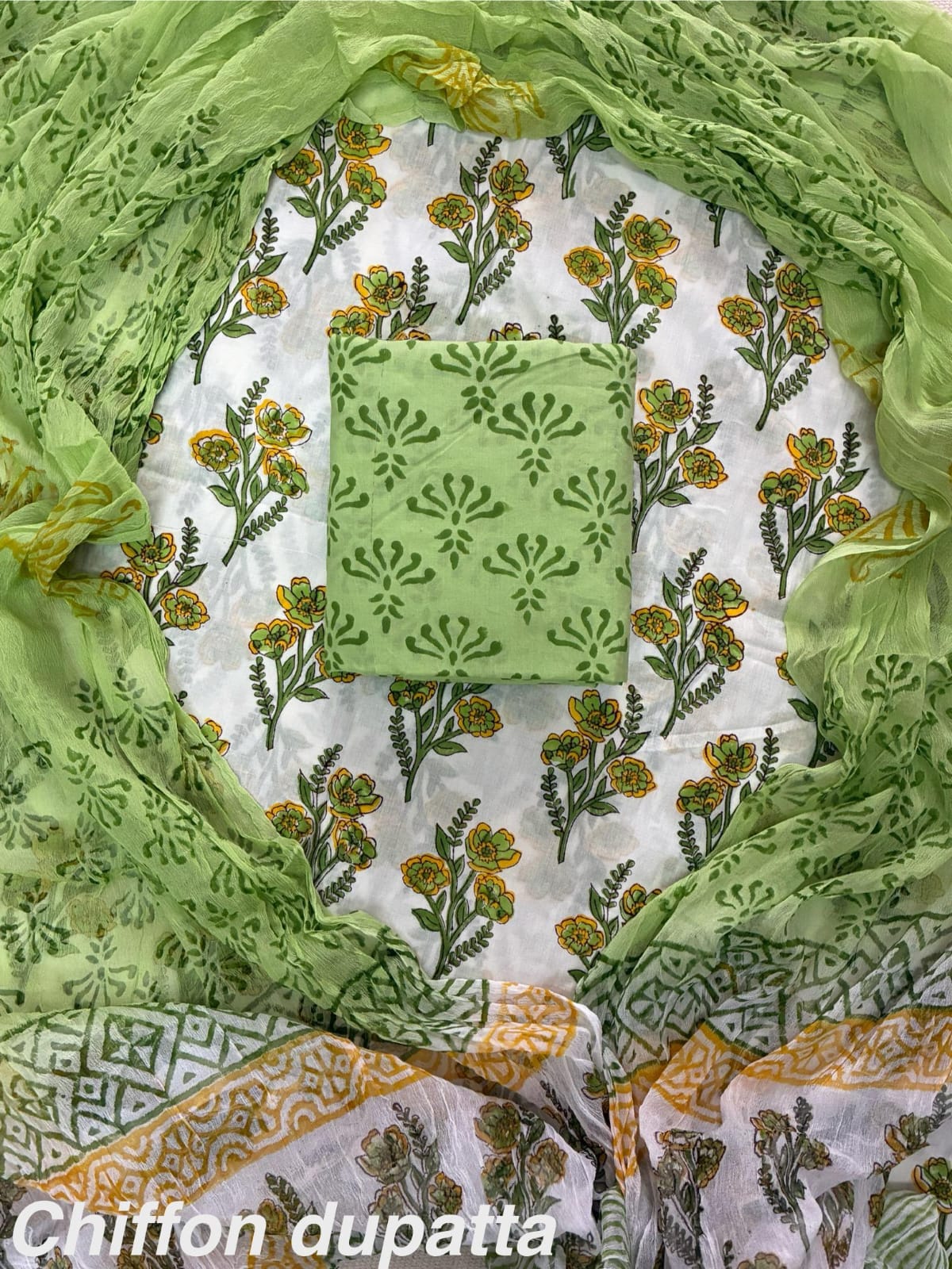 New Premium Hand Block Print Cotton Suit Set with Chiffon Dupatta(WACFCOTMU25)