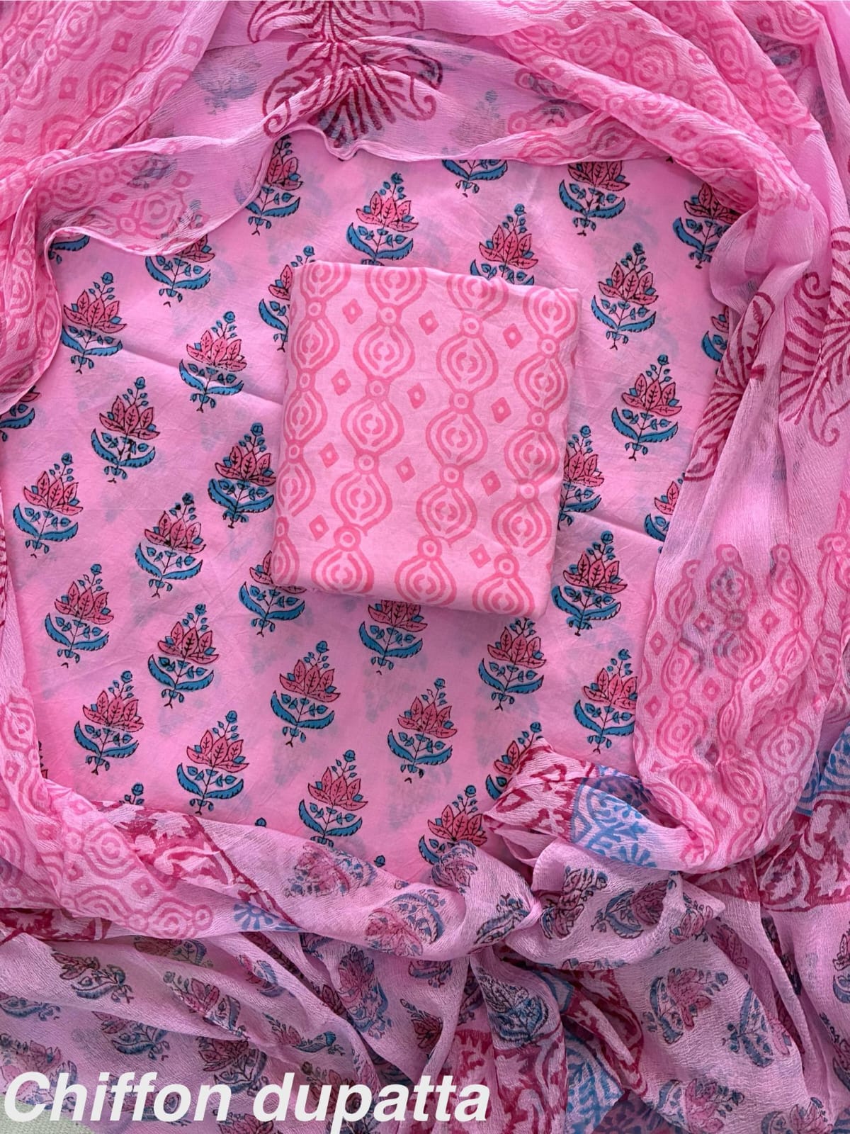 JAAL HAND BLOCK PRINT COTTON SUIT SET WITH CHIFFON DUPATTA(WACFCOTMU01)