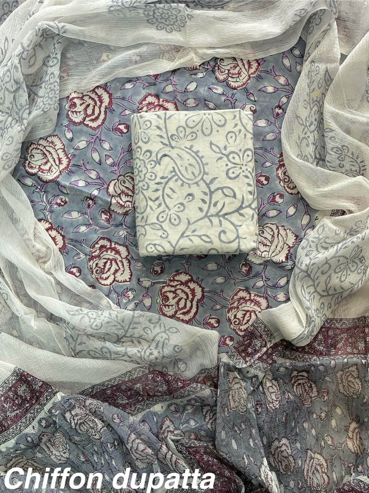 JAAL HAND BLOCK PRINT COTTON SUIT SET WITH CHIFFON DUPATTA(WACFCOTMU129)