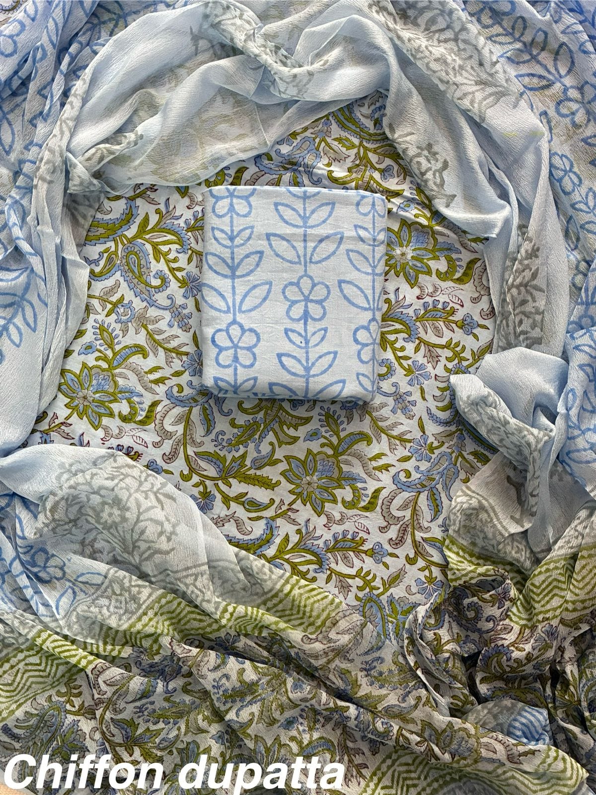 New Premium Hand Block Print Cotton Suit Set with Chiffon Dupatta(WACFCOTMU57)