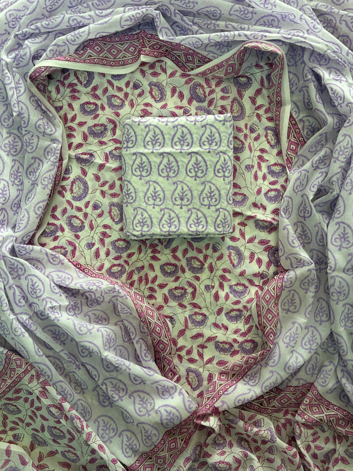 ELEGANT HAND BLOCK PRINT COTTON SUIT SET WITH MULMUL DUPATTA(WACOTMU20)