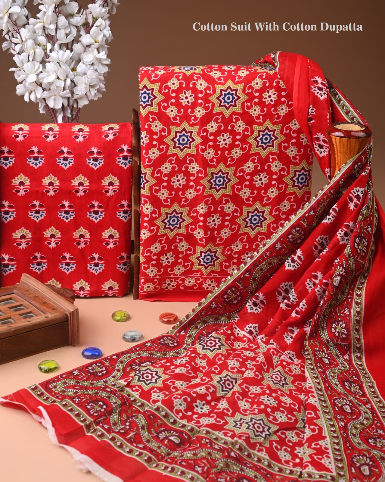 ELEGANT HAND BLOCK PRINT COTTON SUIT SET WITH MULMUL DUPATTA(WACOTMU86)