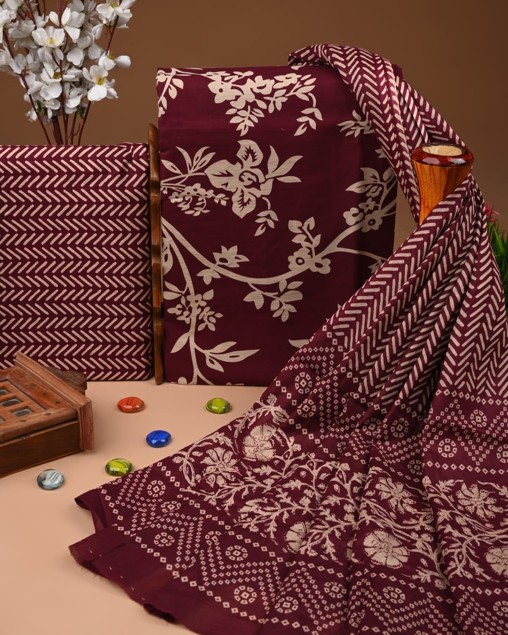 Designer Hand Block Print Cotton Suit Set with Mulmul Dupatta(WACOTMU131)