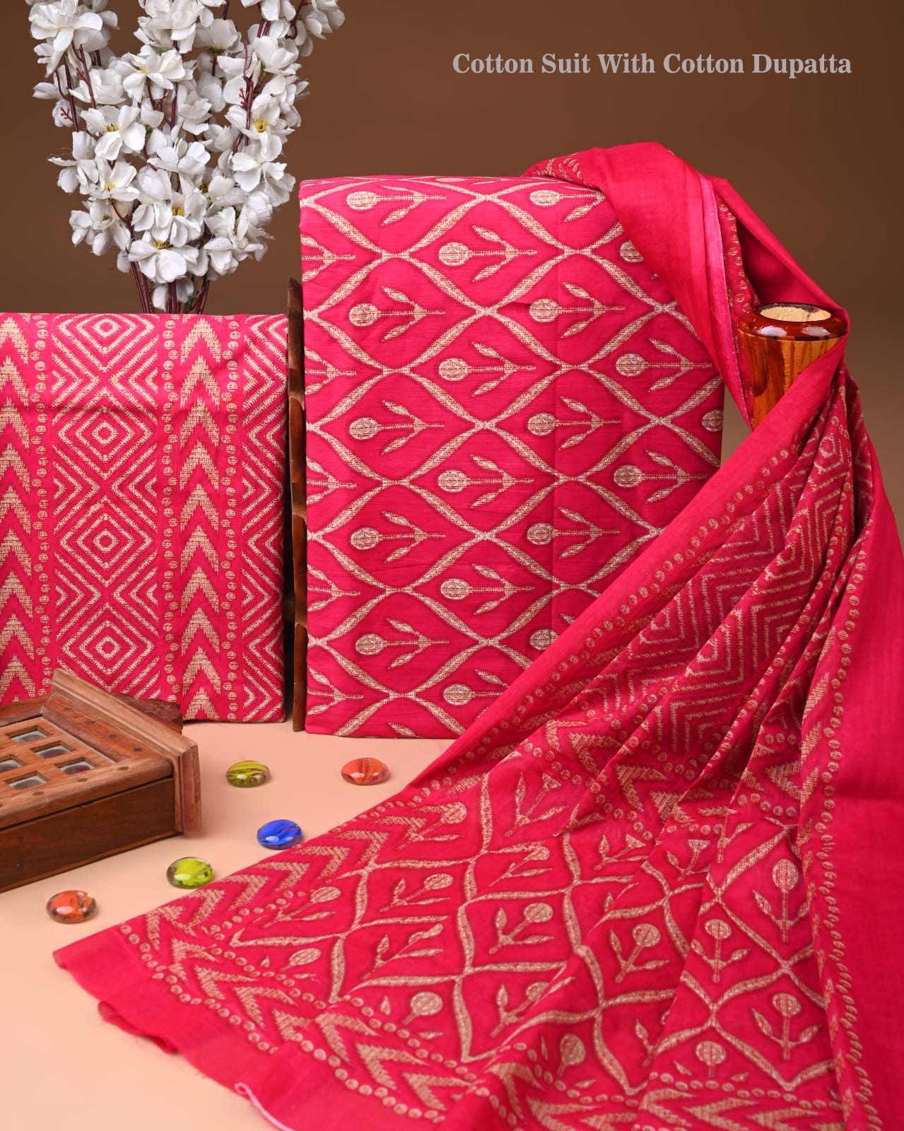 Designer Hand Block Print Cotton Suit Set with Mulmul Dupatta(WACOTMU143)