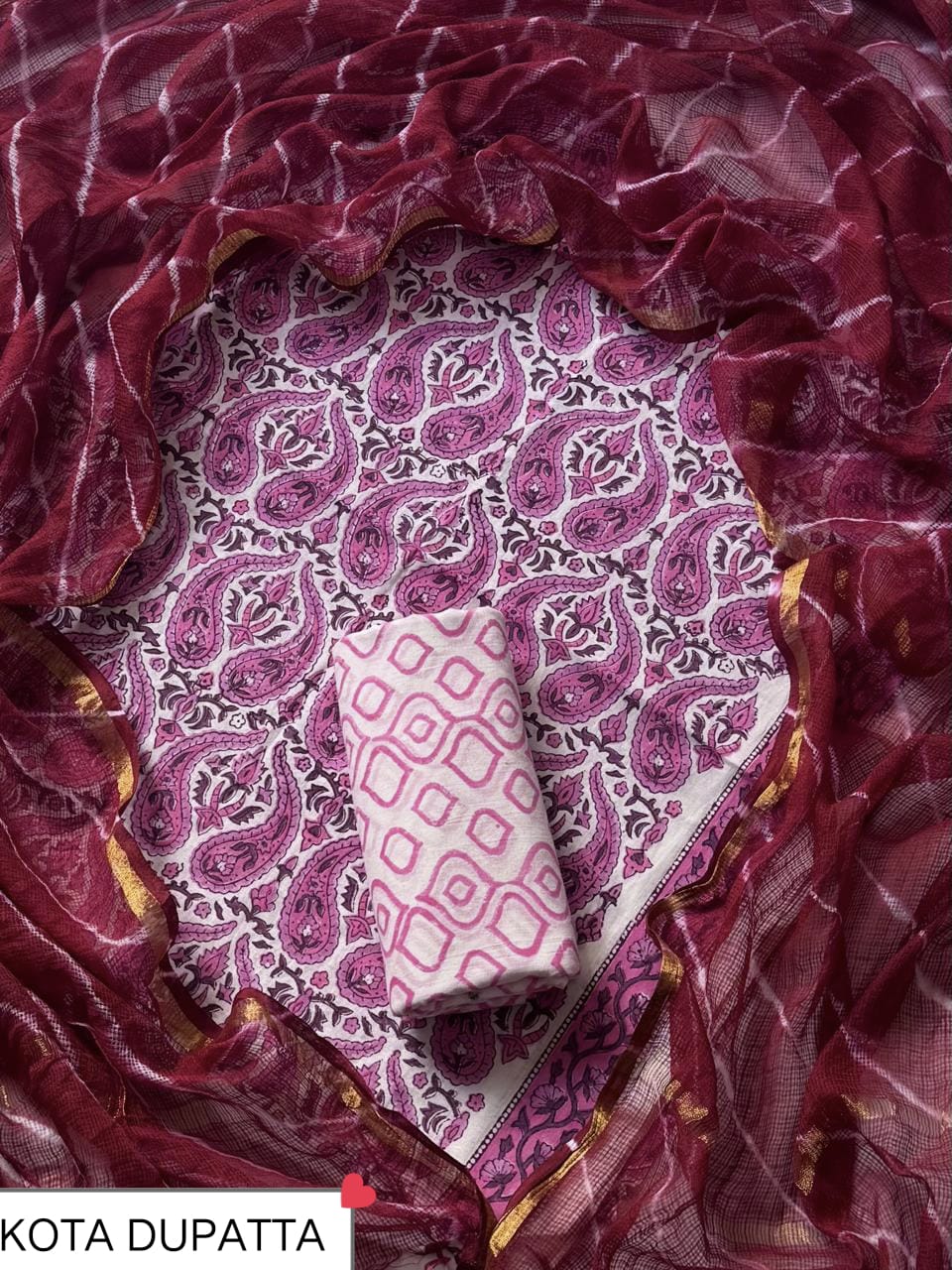DESIGNER HAND BLOCK PRINT COTTON SUIT SET WITH KOTA DORIA DUPATTA(WAKOTMU10)