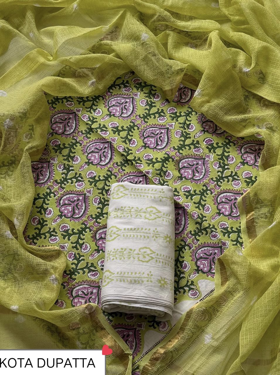 DESIGNER HAND BLOCK PRINT COTTON SUIT SET WITH KOTA DORIA DUPATTA (WAKOTMU15)