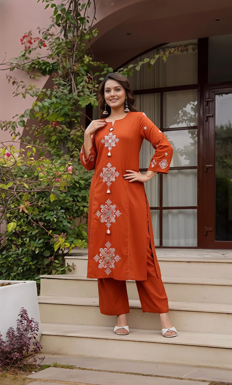 fine Cotton fabric with beautiful embroidery on neck, sleeves, Kurti with plazo with one side pockets on pant(SWSK57)