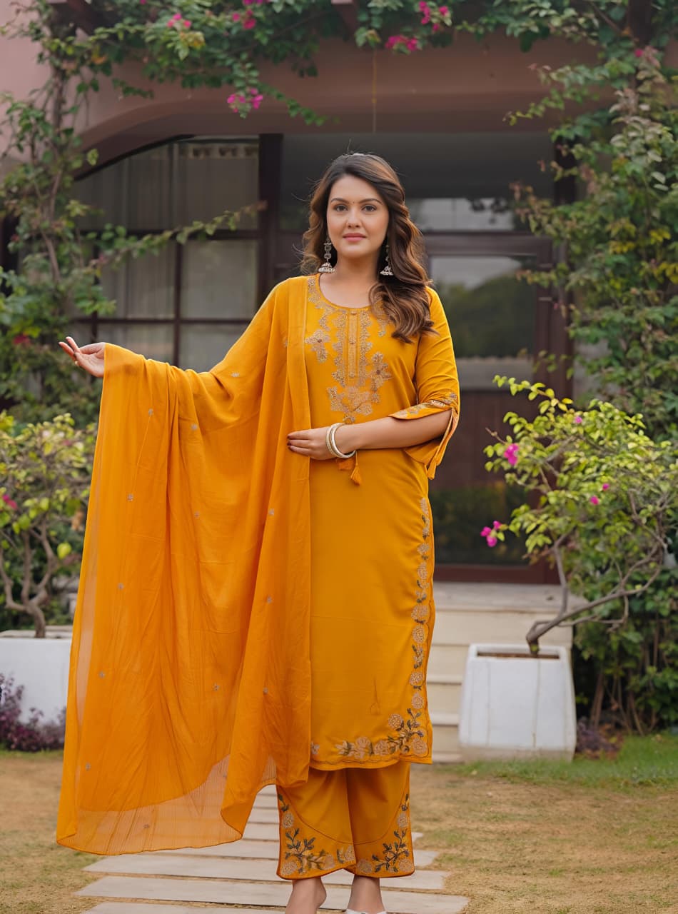 🌹🌹 fine Cotton fabric with beautiful embroidery on neck, sleeves, Kurti with embroidered plazo with one side pockets on pantSWSK58)