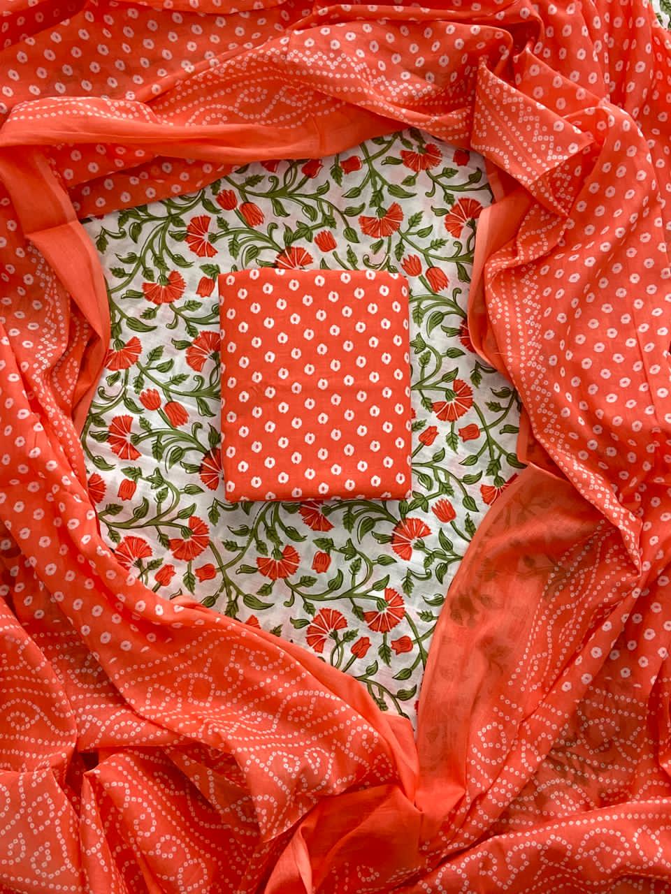 ELEGANT HAND BLOCK PRINT COTTON SUIT SET WITH MULMUL DUPATTA(WACOTMU33)
