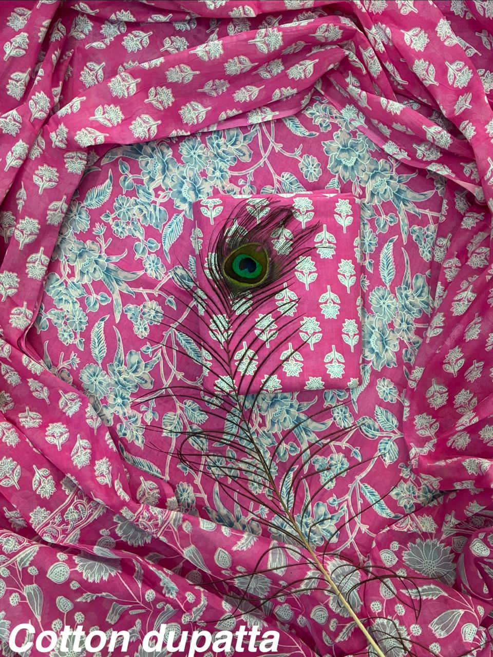 Designer Hand Block Print Cotton Suit Set with Mulmul Dupatta(WACOTMU115)