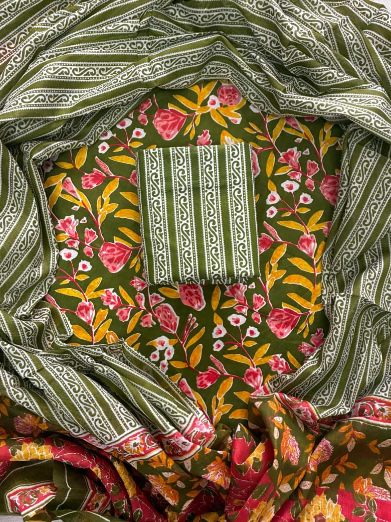 Designer Hand Block Print Cotton Suit Set with Mulmul Dupatta(WACOTMU117)