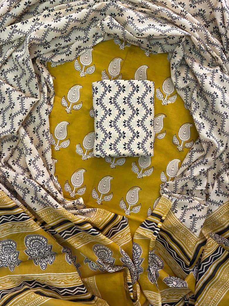 Designer Hand Block Print Cotton Suit Set with Mulmul Dupatta(WACOTMU120)