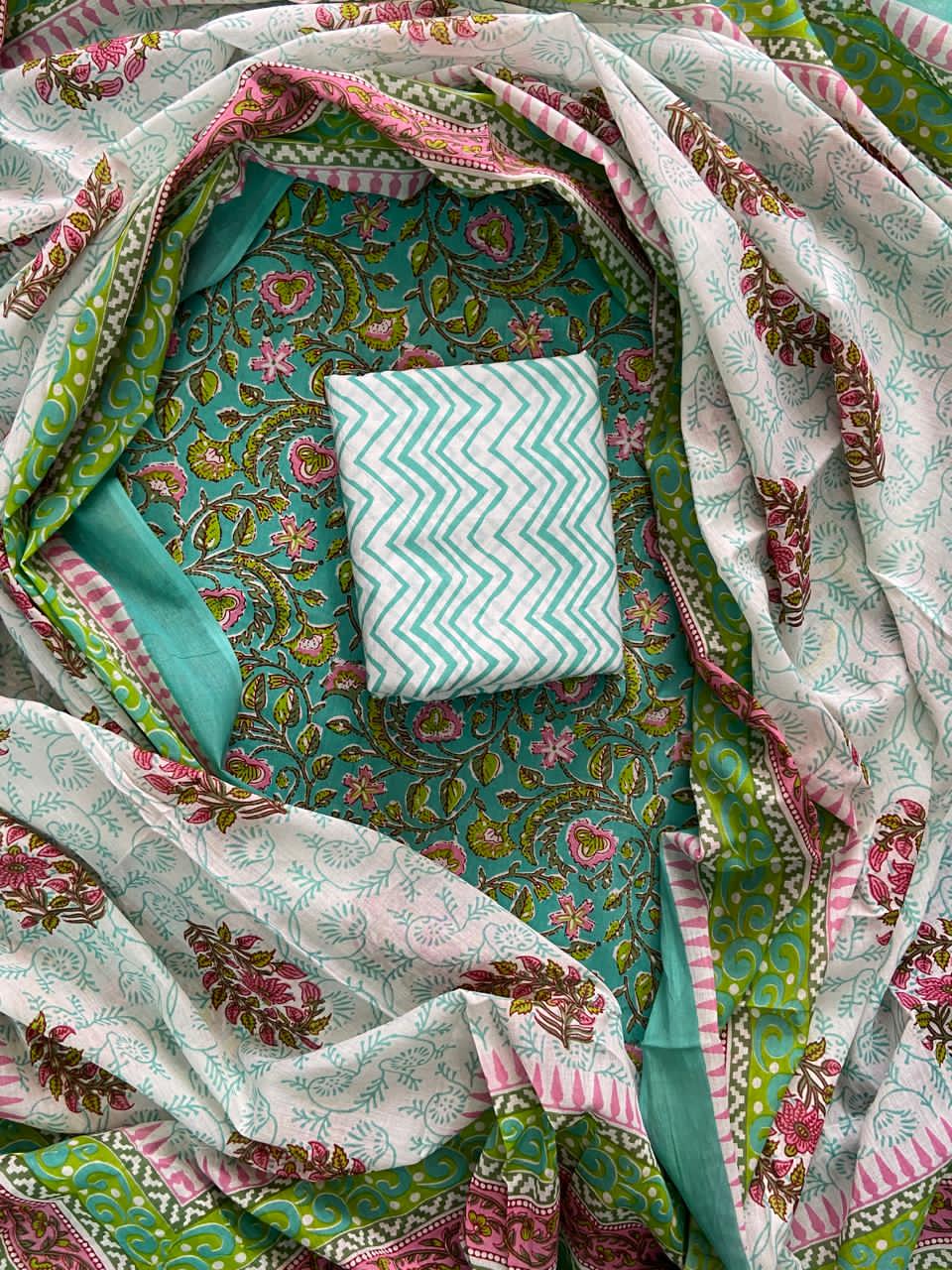 Designer Hand Block Print Cotton Suit Set with Mulmul Dupatta(WACOTMU126)
