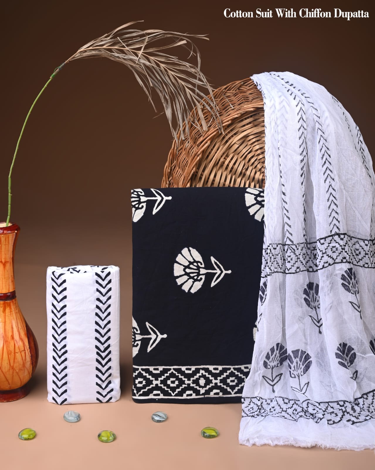 New Premium Hand Block Print Cotton Suit Set with Chiffon Dupatta(WACFCOTMU52)