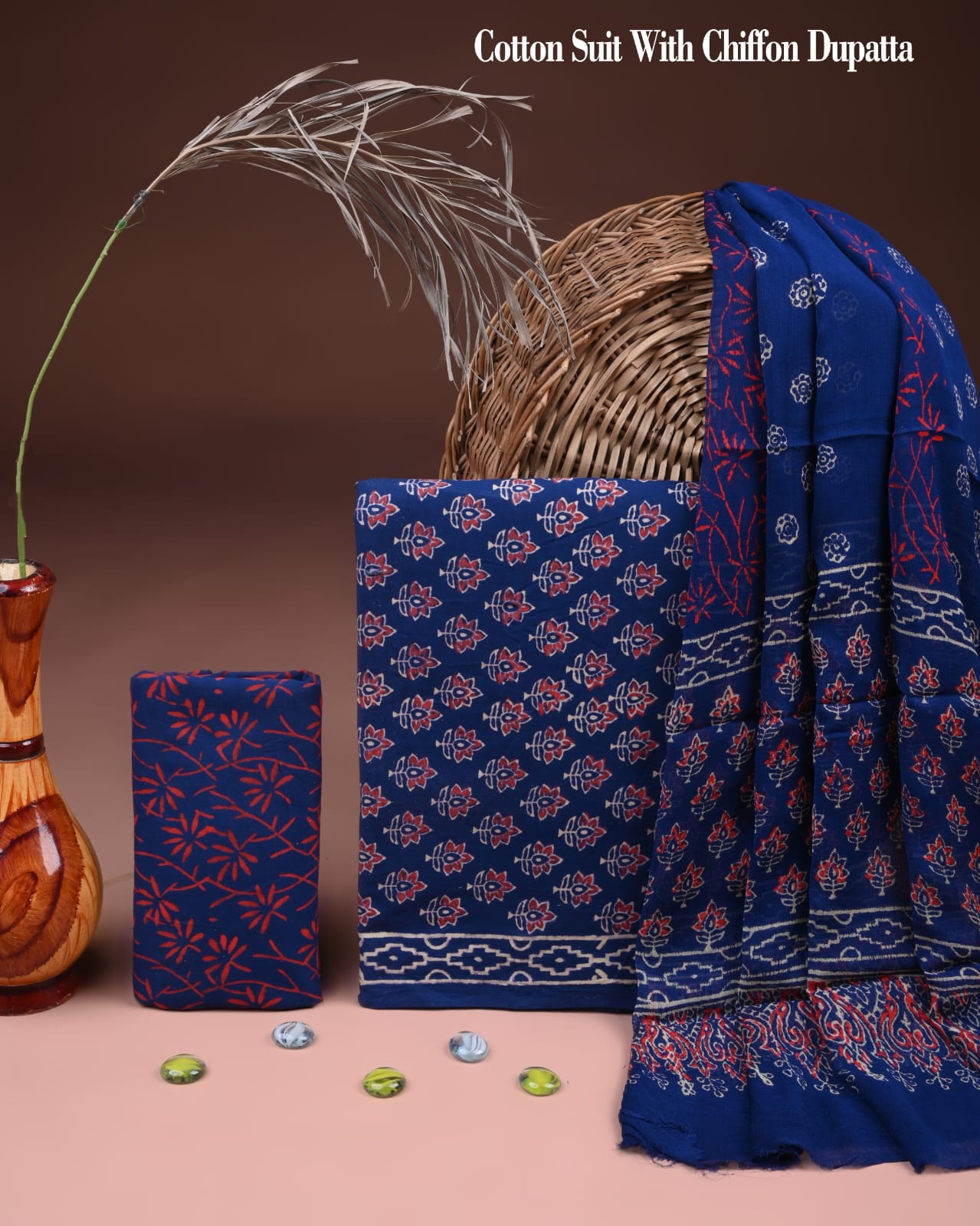 Hand Block Print Cotton Suit Set with Chiffon Dupatta(WACFCOTMU30)